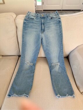 MOTHER Light Blue Distressed Flare Jeans